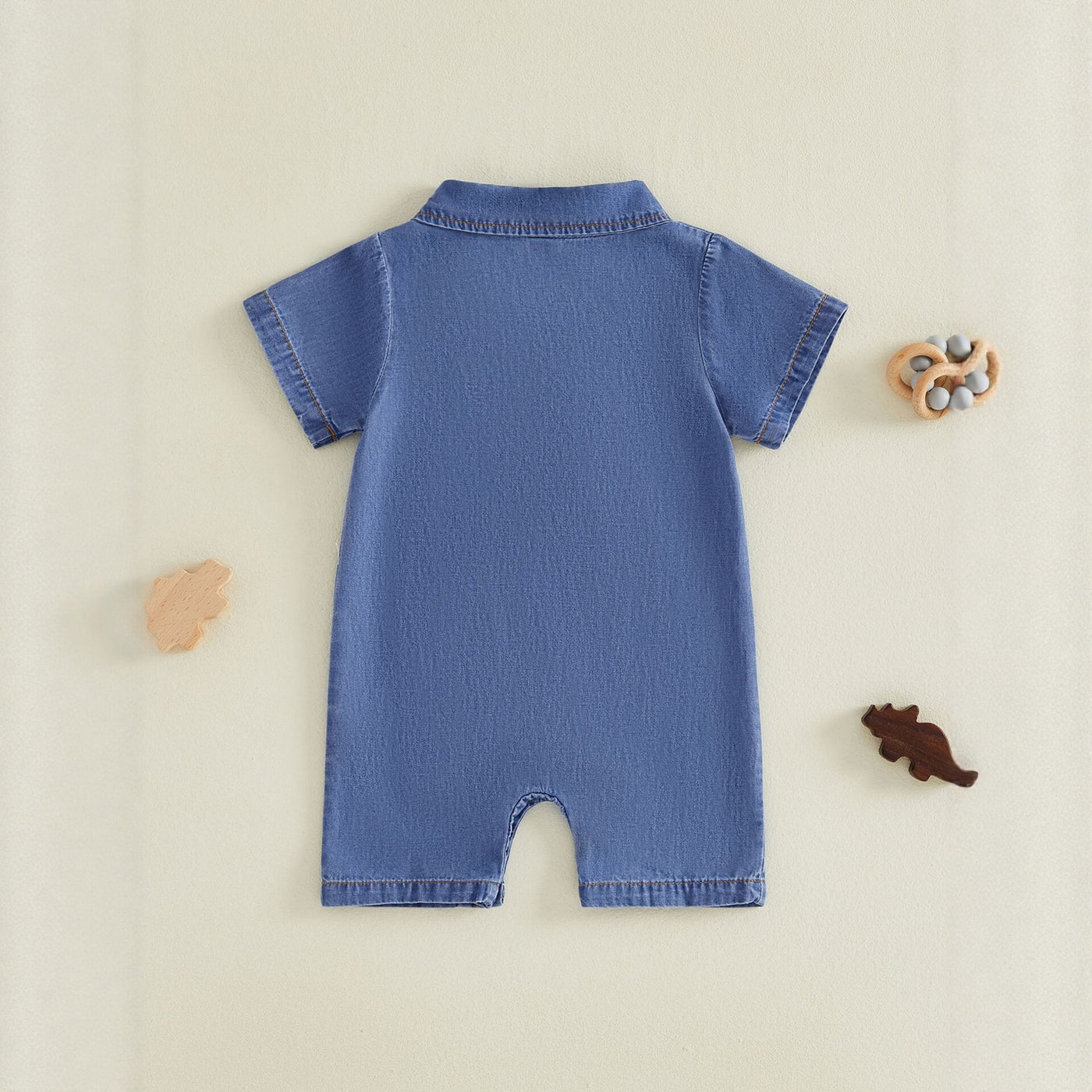 Cute Baby Boy Denim Romper Summer Polo Collar Short Sleeve Dinosaur Crawler Bodysuit