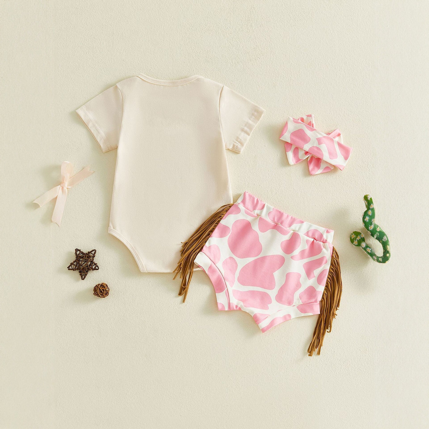 Cowgirl Birthday Outfit Set for Girls, Pink Cow Print Fringe Shorts and Short Sleeve Top Set