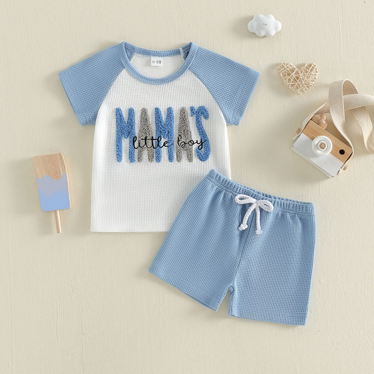Summer New Boys' Waffle Knit Set Short Sleeve Shorts Two-Piece Set MAMA'S Letter Towel Embroidery Kids Casual