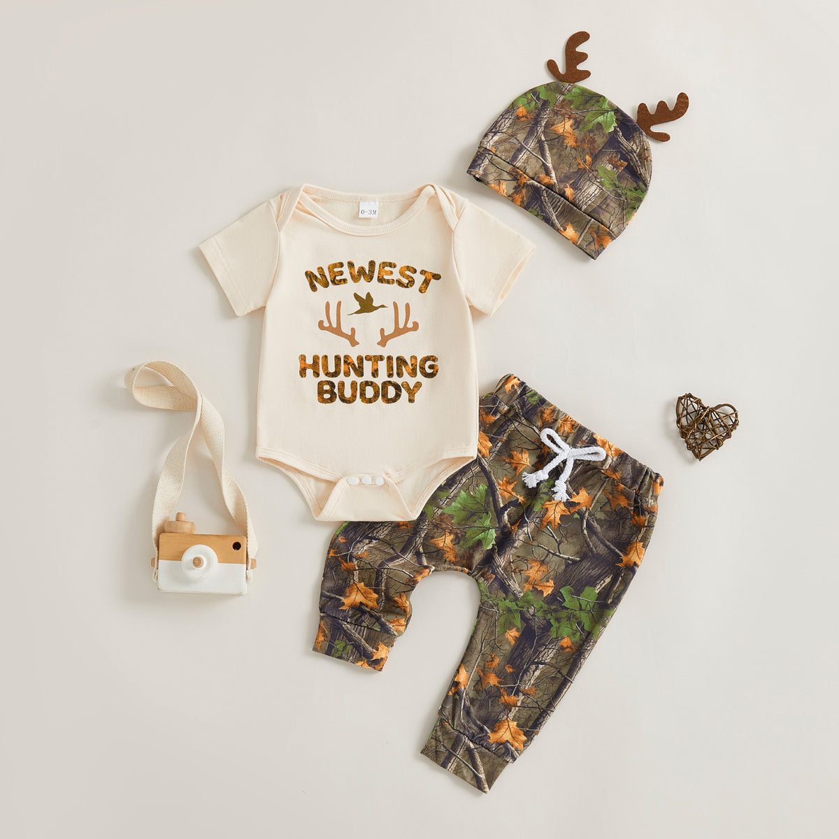 Newborn Baby Boy Hunting Style 3-Piece Set Printed Short Sleeve Romper + Camouflage Long Pants + Antler Hat Infant Spring and Autumn