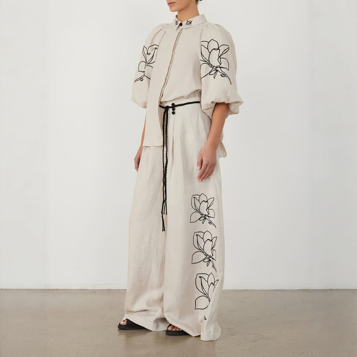Linen Embroidered Wide-Leg Pants Set for Women, Loose Bohemian Vintage Two-Piece Outfit, Fashion Casual Wear