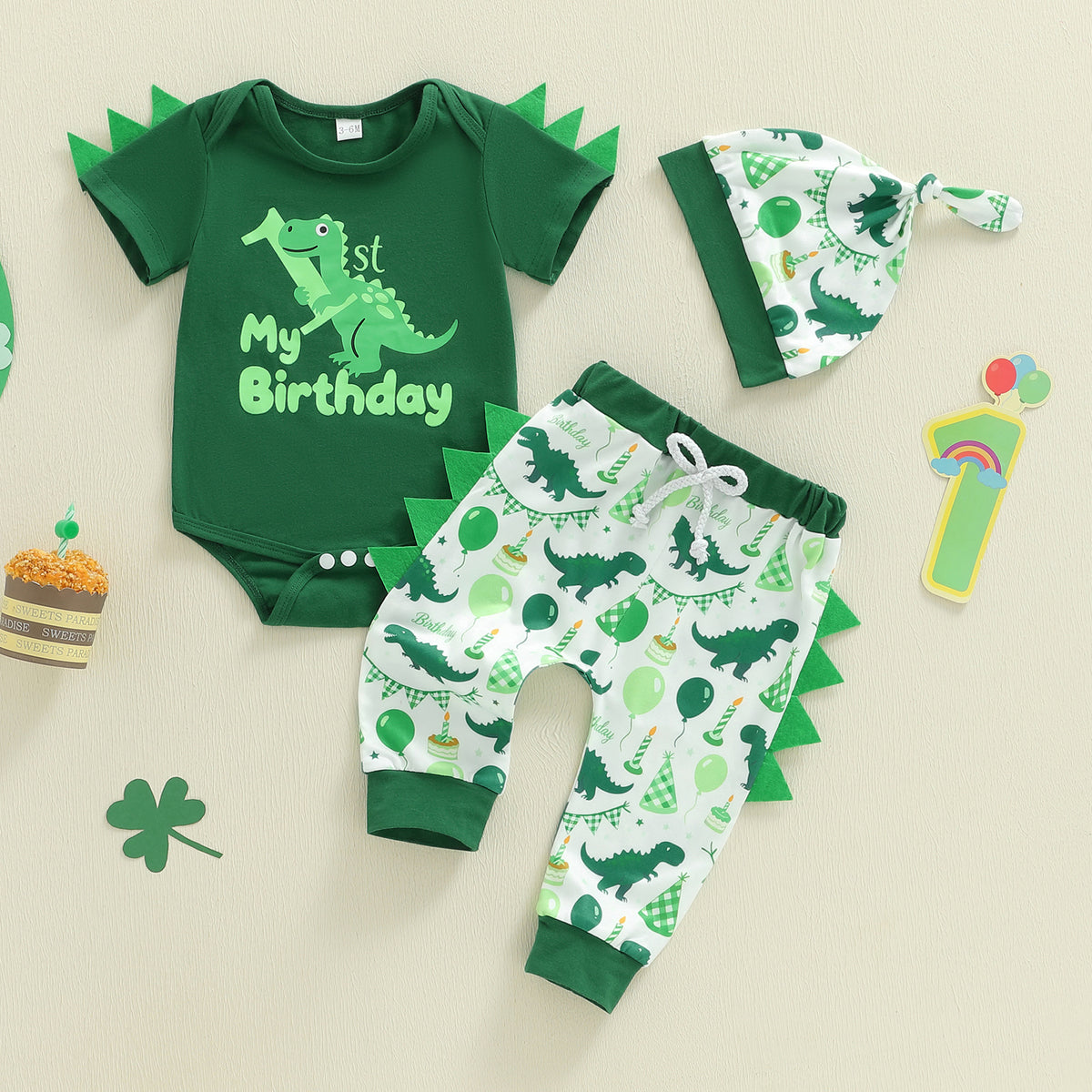 Infant and Toddler Dinosaur Theme Birthday Outfit Set, Boys' Short Sleeve Romper, Long Pants, Hat 3-Piece Set, Summer Cartoon Style