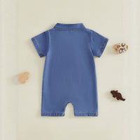 Cute Baby Boy Denim Romper Summer Polo Collar Short Sleeve Dinosaur Crawler Bodysuit