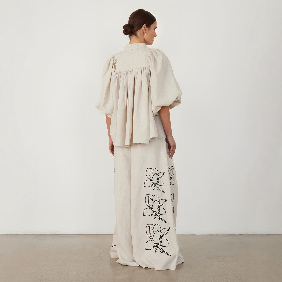 Linen Embroidered Wide-Leg Pants Set for Women, Loose Bohemian Vintage Two-Piece Outfit, Fashion Casual Wear