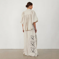 Linen Embroidered Wide-Leg Pants Set for Women, Loose Bohemian Vintage Two-Piece Outfit, Fashion Casual Wear