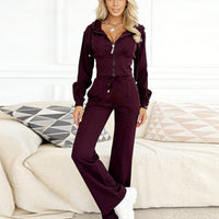 Hooded Zipper Fitted Top and Wide-Leg Pants Two-Piece Set