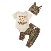 Newborn Baby Boy Hunting Style 3-Piece Set Printed Short Sleeve Romper + Camouflage Long Pants + Antler Hat Infant Spring and Autumn