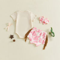 Cowgirl Birthday Outfit Set for Girls, Pink Cow Print Fringe Shorts and Short Sleeve Top Set