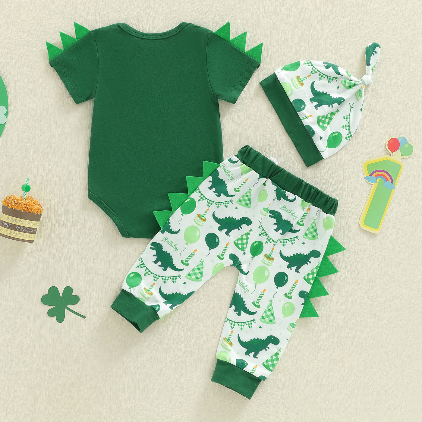 Infant and Toddler Dinosaur Theme Birthday Outfit Set, Boys' Short Sleeve Romper, Long Pants, Hat 3-Piece Set, Summer Cartoon Style