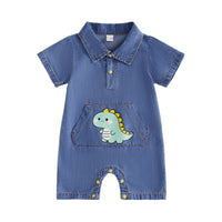 Cute Baby Boy Denim Romper Summer Polo Collar Short Sleeve Dinosaur Crawler Bodysuit