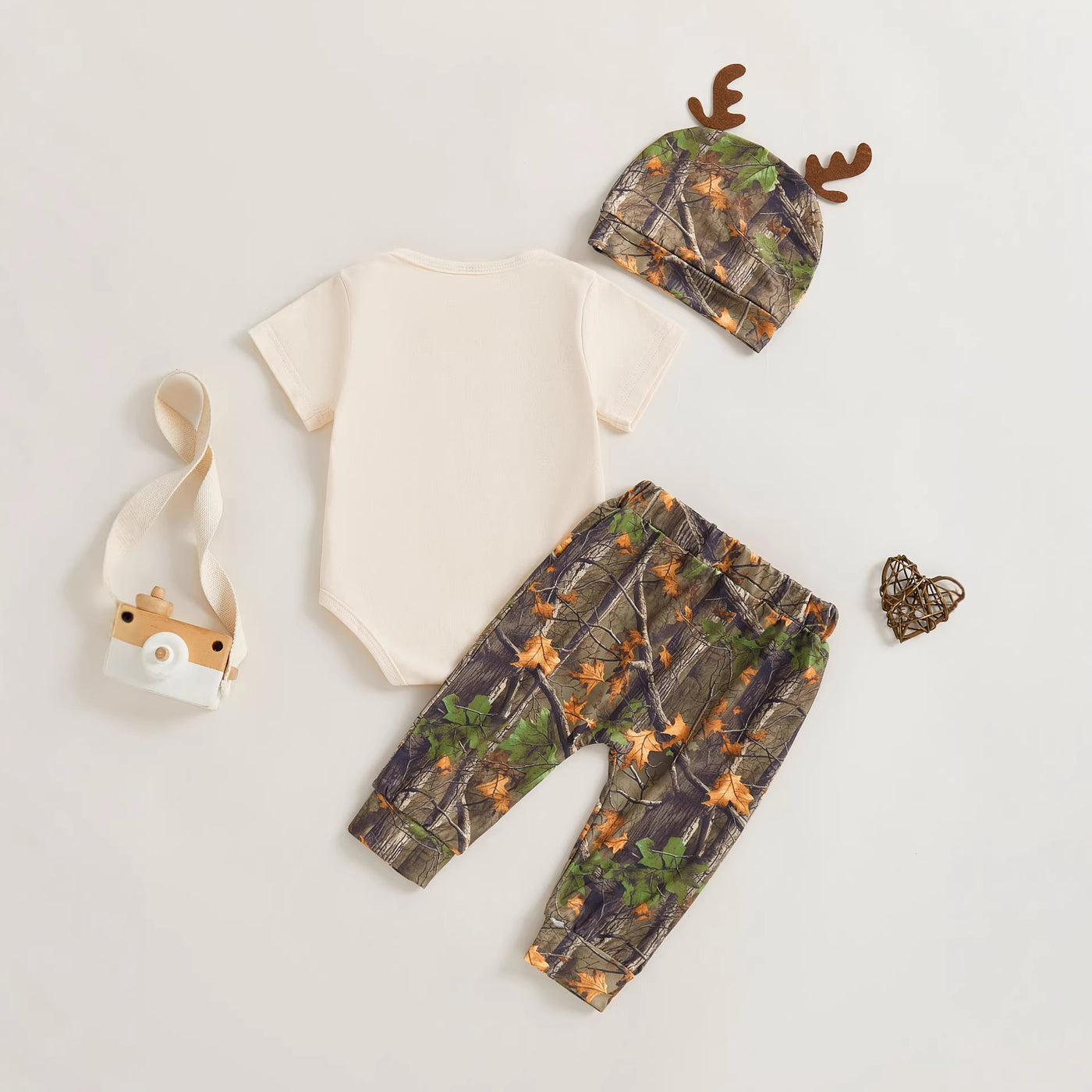 Newborn Baby Boy Hunting Style 3-Piece Set Printed Short Sleeve Romper + Camouflage Long Pants + Antler Hat Infant Spring and Autumn