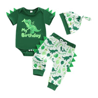 Infant and Toddler Dinosaur Theme Birthday Outfit Set, Boys' Short Sleeve Romper, Long Pants, Hat 3-Piece Set, Summer Cartoon Style