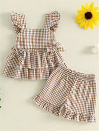 Summer Girls' Plaid Strap Two-Piece Set with Ruffled Shorts Children's Clothing