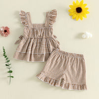 Summer Girls' Plaid Strap Two-Piece Set with Ruffled Shorts Children's Clothing