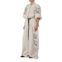 Linen Embroidered Wide-Leg Pants Set for Women, Loose Bohemian Vintage Two-Piece Outfit, Fashion Casual Wear