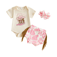 Cowgirl Birthday Outfit Set for Girls, Pink Cow Print Fringe Shorts and Short Sleeve Top Set