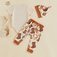 Baby Western Cowboy Style 3-Piece Set Short Sleeve Romper Long Pants Hat Set Cute Printed Baby Spring and Autumn Outfit