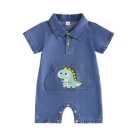 Cute Baby Boy Denim Romper Summer Polo Collar Short Sleeve Dinosaur Crawler Bodysuit
