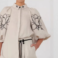 Linen Embroidered Wide-Leg Pants Set for Women, Loose Bohemian Vintage Two-Piece Outfit, Fashion Casual Wear