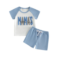 Summer New Boys' Waffle Knit Set Short Sleeve Shorts Two-Piece Set MAMA'S Letter Towel Embroidery Kids Casual