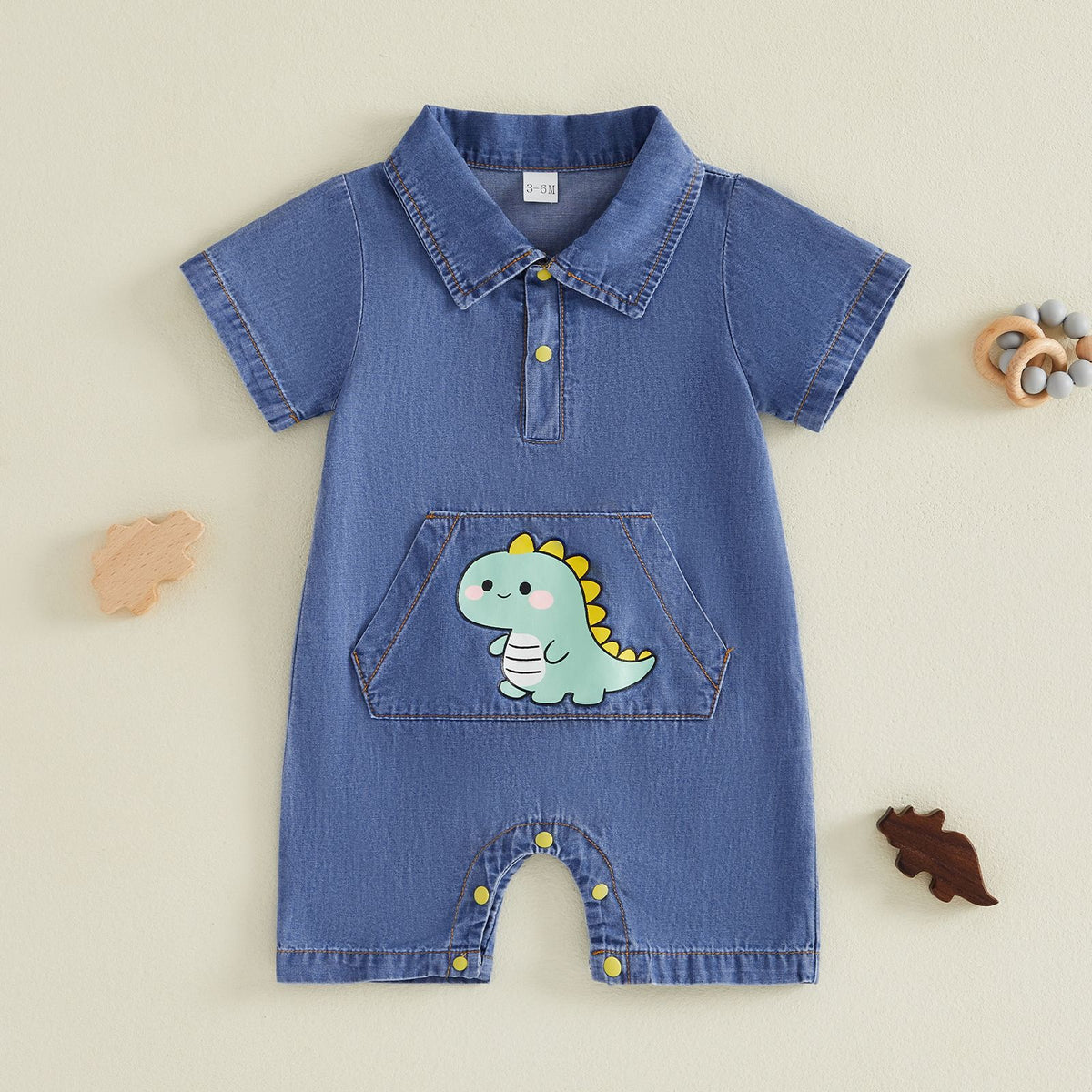 Cute Baby Boy Denim Romper Summer Polo Collar Short Sleeve Dinosaur Crawler Bodysuit