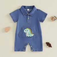 Cute Baby Boy Denim Romper Summer Polo Collar Short Sleeve Dinosaur Crawler Bodysuit