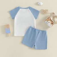 Summer New Boys' Waffle Knit Set Short Sleeve Shorts Two-Piece Set MAMA'S Letter Towel Embroidery Kids Casual