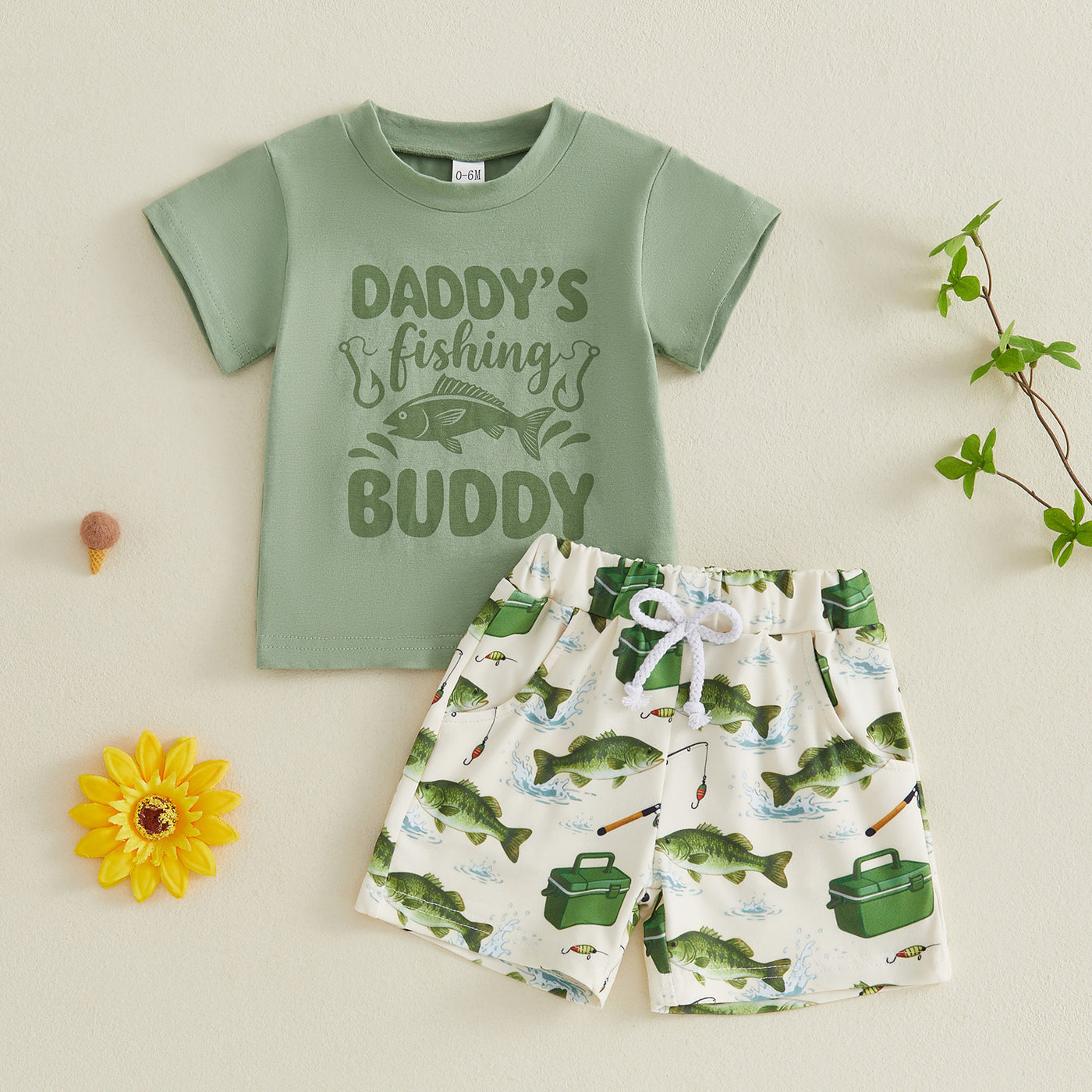 New Boy's Fishing Theme Short Sleeve Shorts Two-Piece Set Pure Cotton Cartoon Print Casual Kids Outfit