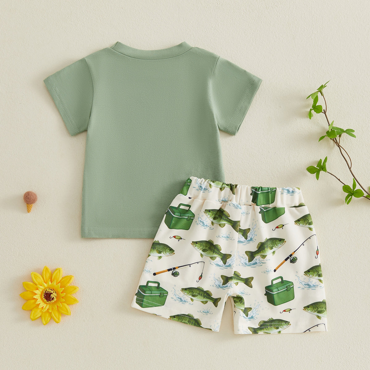 New Boy's Fishing Theme Short Sleeve Shorts Two-Piece Set Pure Cotton Cartoon Print Casual Kids Outfit