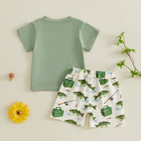 New Boy's Fishing Theme Short Sleeve Shorts Two-Piece Set Pure Cotton Cartoon Print Casual Kids Outfit
