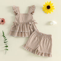 Summer Girls' Plaid Strap Two-Piece Set with Ruffled Shorts Children's Clothing
