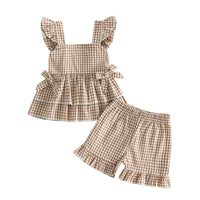 Summer Girls' Plaid Strap Two-Piece Set with Ruffled Shorts Children's Clothing