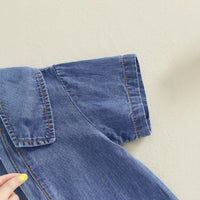 Cute Baby Boy Denim Romper Summer Polo Collar Short Sleeve Dinosaur Crawler Bodysuit