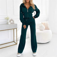 Hooded Zipper Fitted Top and Wide-Leg Pants Two-Piece Set
