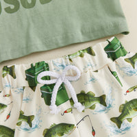 New Boy's Fishing Theme Short Sleeve Shorts Two-Piece Set Pure Cotton Cartoon Print Casual Kids Outfit