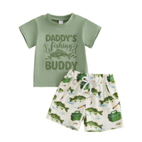 New Boy's Fishing Theme Short Sleeve Shorts Two-Piece Set Pure Cotton Cartoon Print Casual Kids Outfit