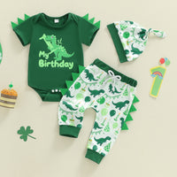 Infant and Toddler Dinosaur Theme Birthday Outfit Set, Boys' Short Sleeve Romper, Long Pants, Hat 3-Piece Set, Summer Cartoon Style