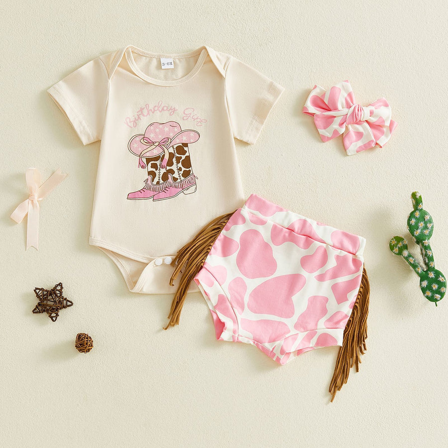 Cowgirl Birthday Outfit Set for Girls, Pink Cow Print Fringe Shorts and Short Sleeve Top Set